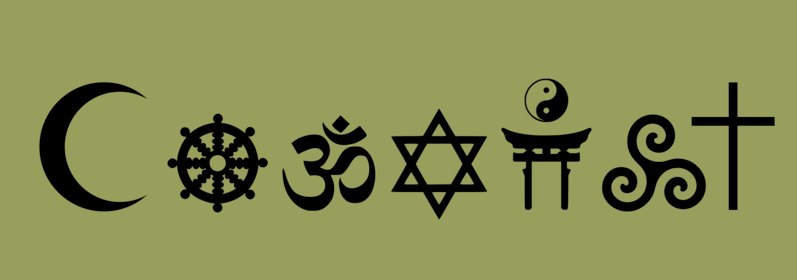 Coexist tattoo, proclaiming tolerance between religions. This version includes the Islamic Crescent for "C", the Buddhist Dharmachakra for "o", the Hindi Om for "e", the Jewish Star of David for "x", the Shinto Torii and the Taoist Taijitu for "i", the Celtic Triple Spiral representing paganism for "s", and the Christian Cross for "t".